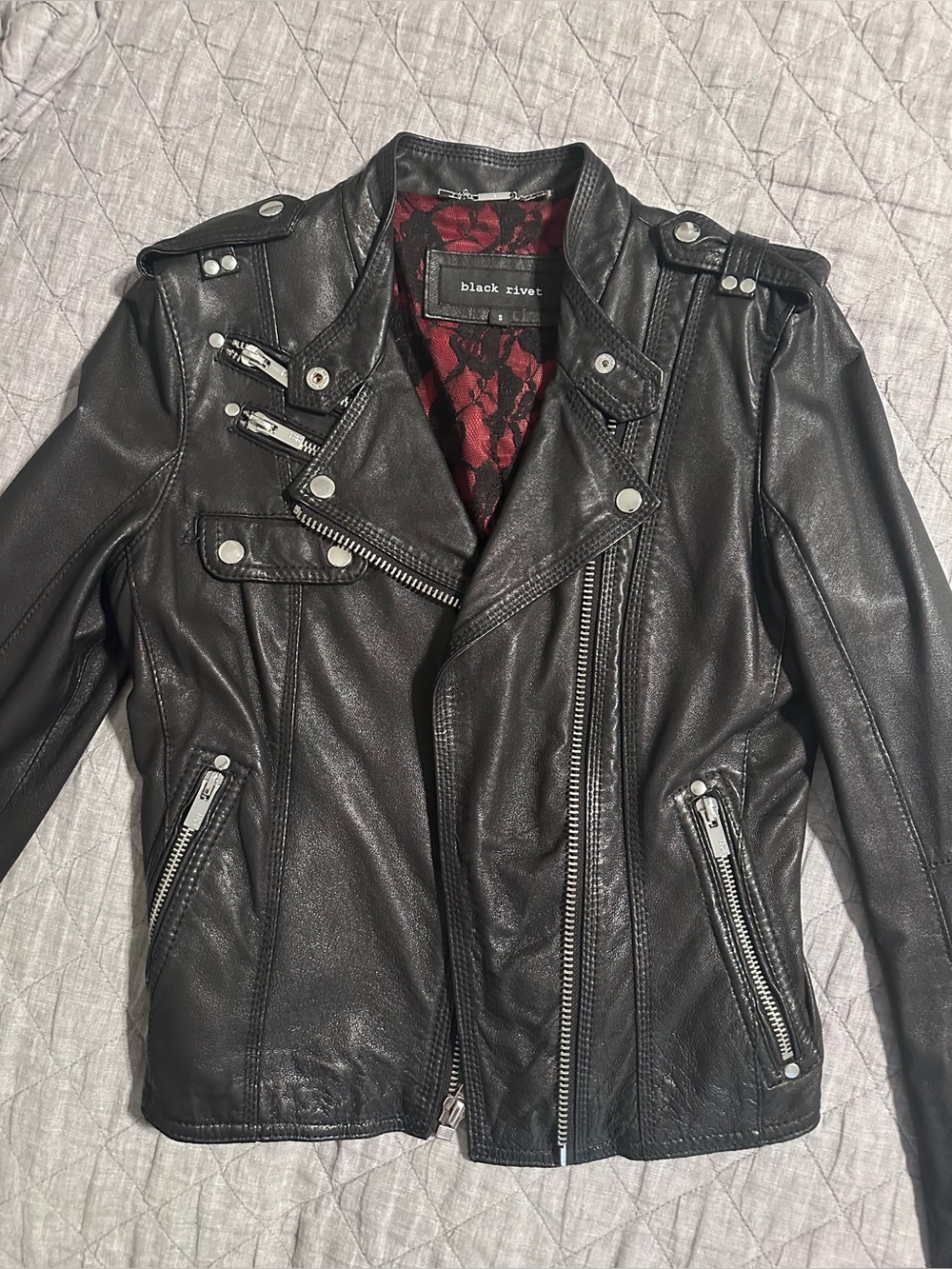 Black Rivet Black Faux Leather Moto Jacket with Red Lace Lining